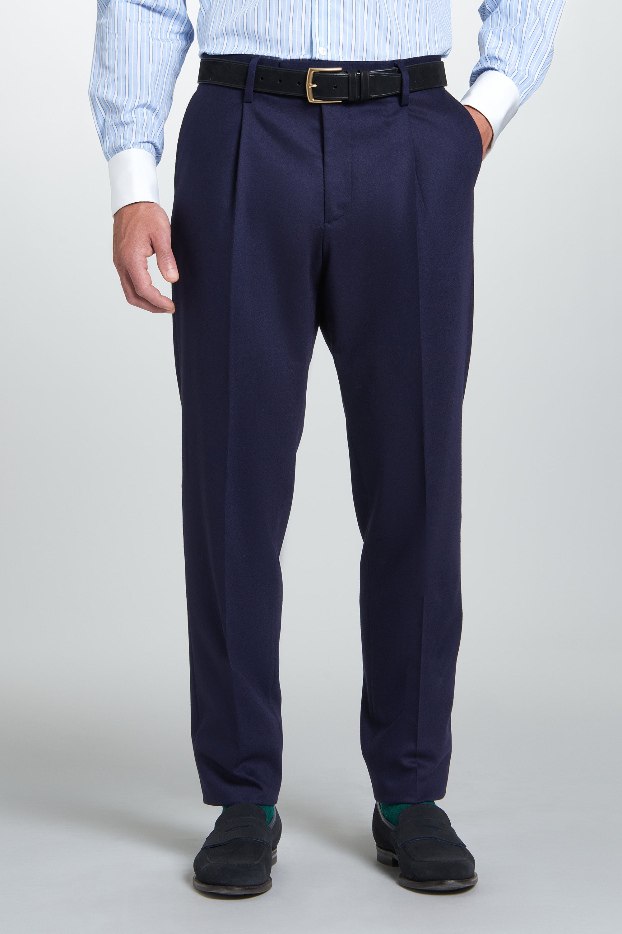 Navy Tailored Fit Twill Flannel Stretch Pleated Trouser – Thomas Pink