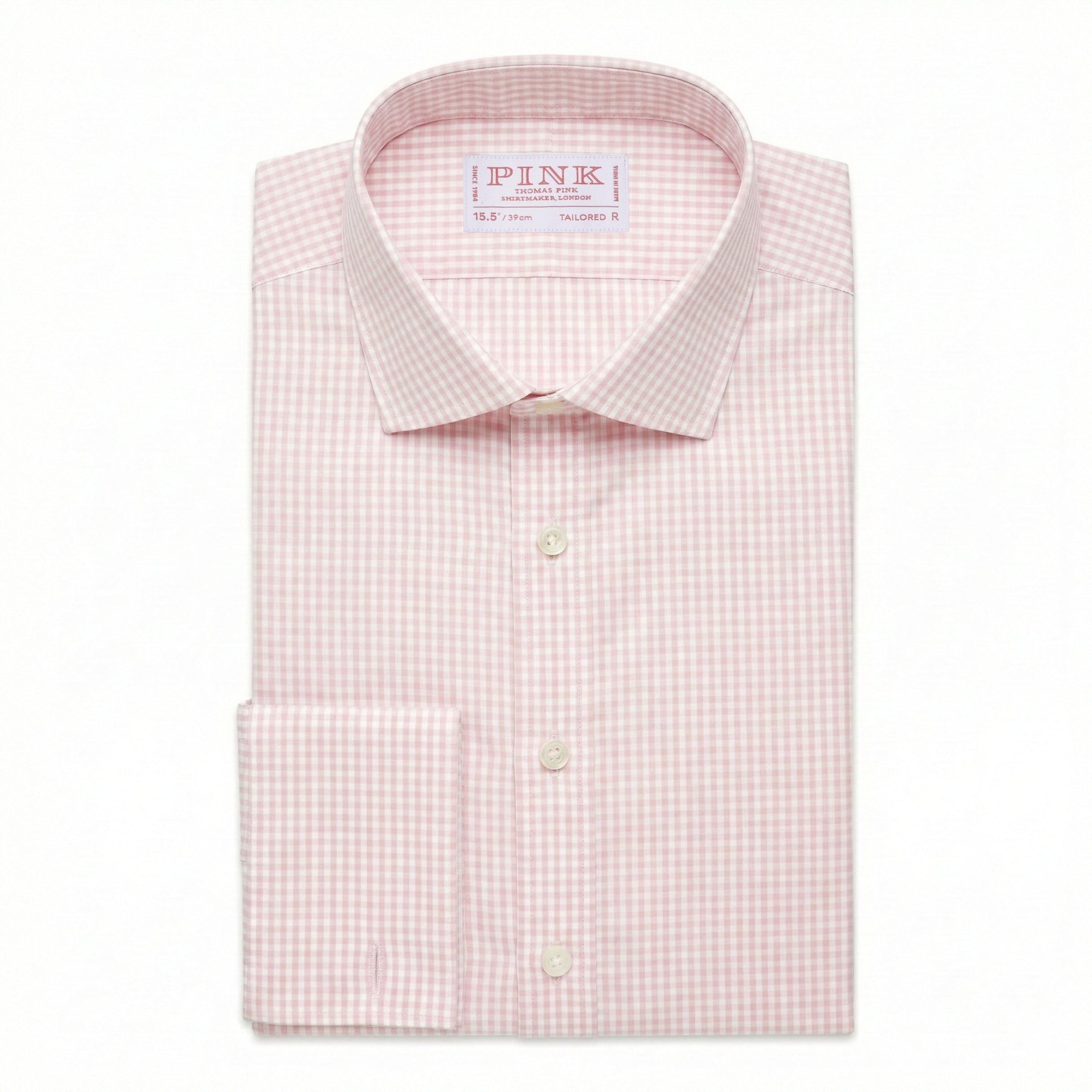 Pale Pink & White Tailored Fit Double Cuff Essential Gingham Formal Sh   Thomas Pink