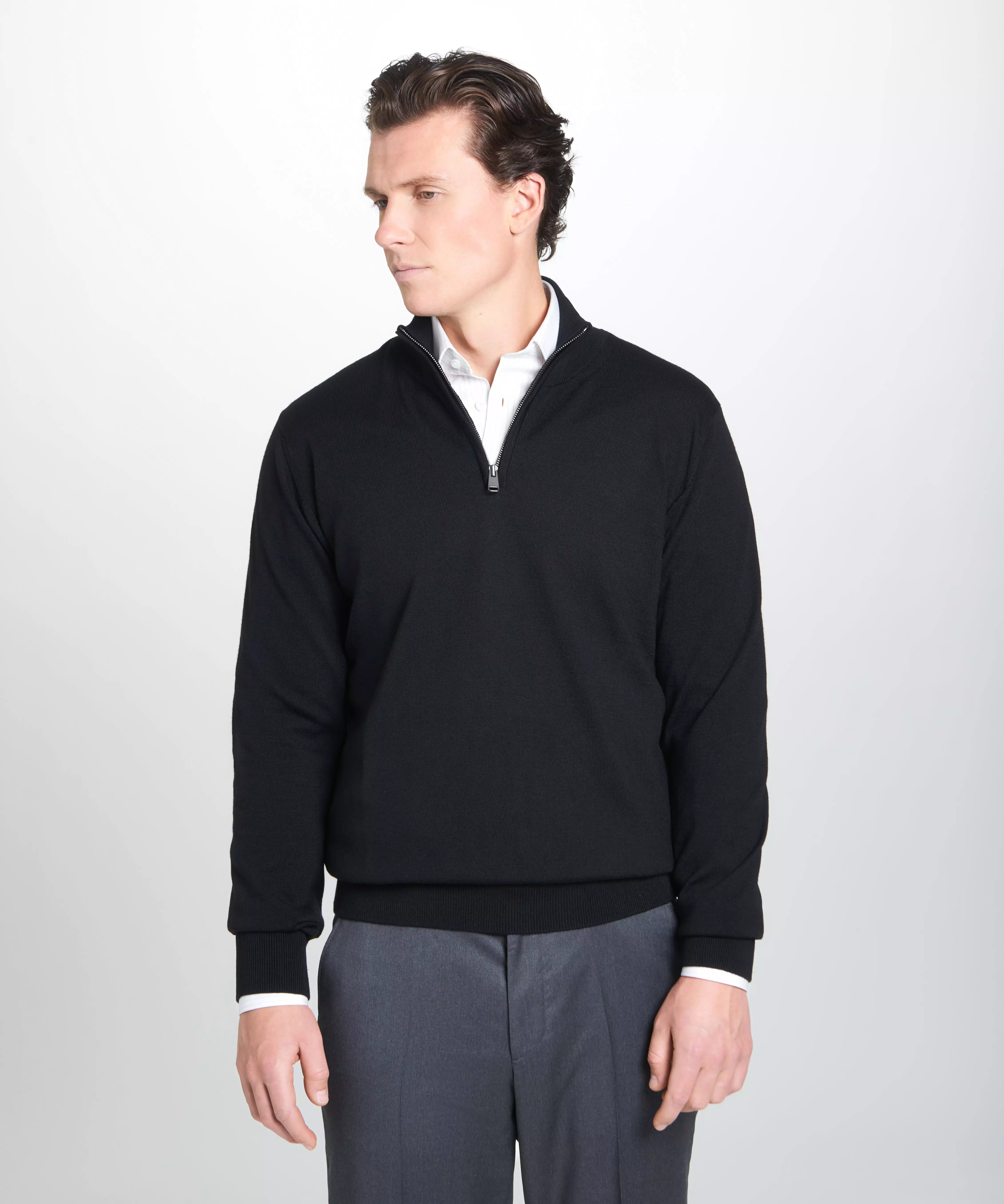 Black Merino Wool Zip Neck Sweater – Thomas Pink