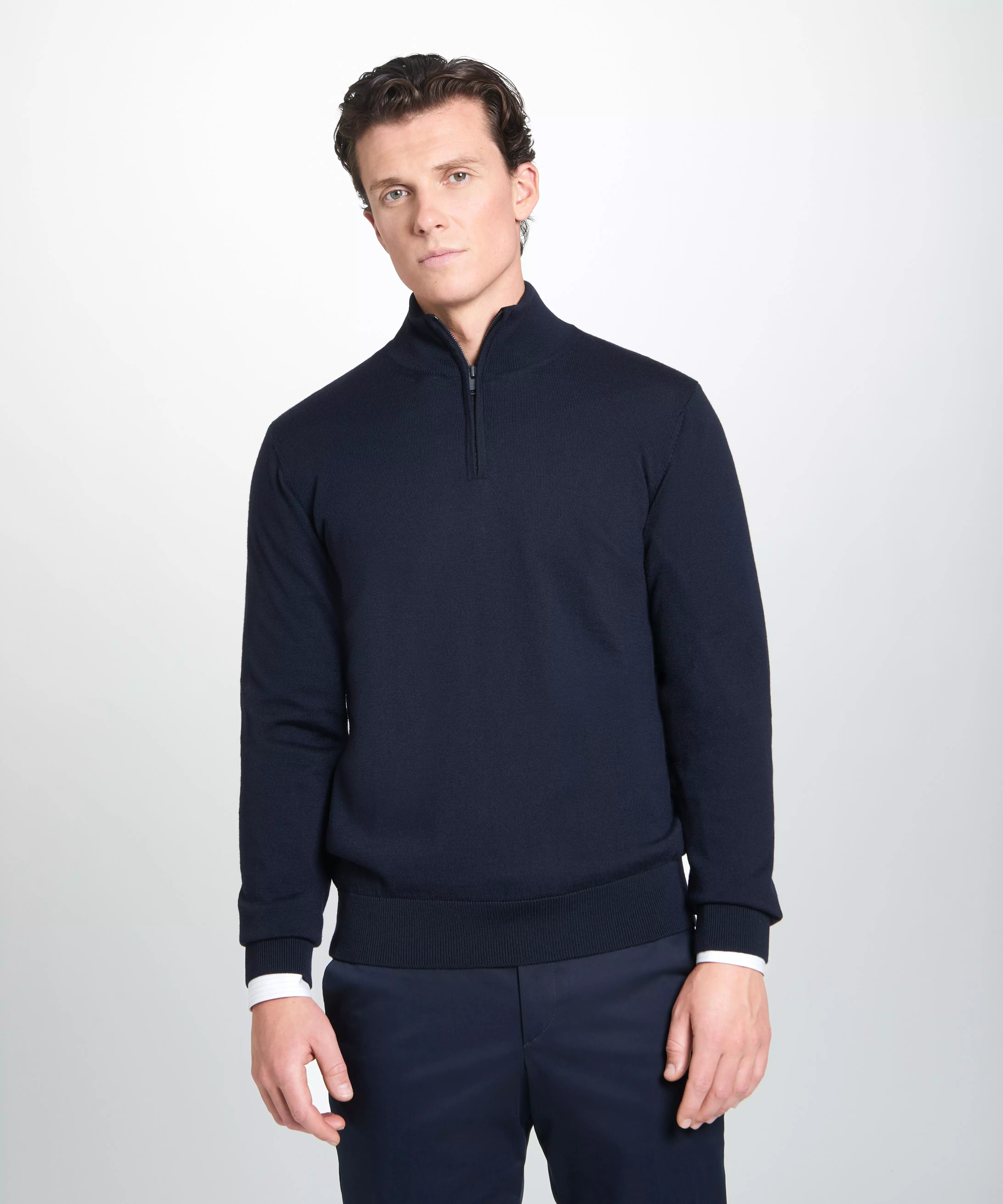 Navy Blue Merino Wool Zip Neck Sweater – Thomas Pink