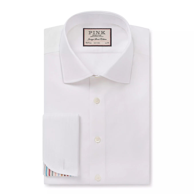 White Slim Fit Plain Dress Shirt with Stripe