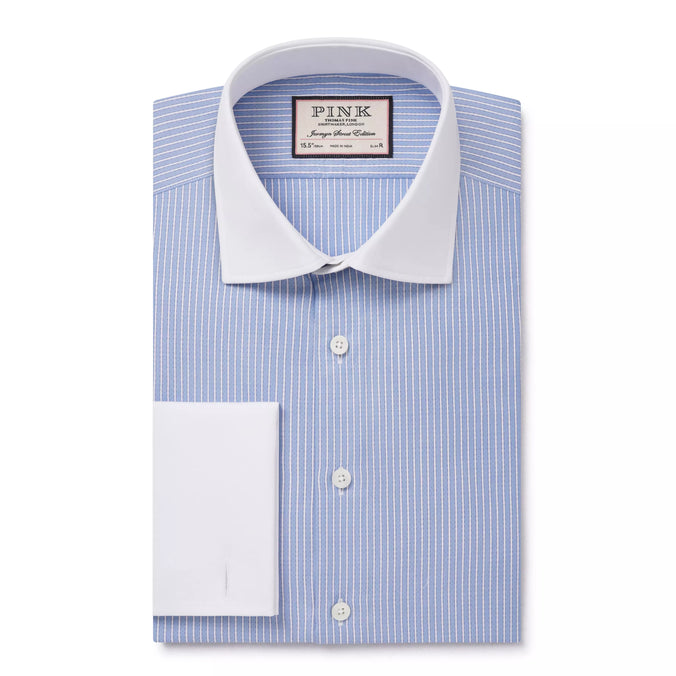 Pale Blue & White Slim Fit French Cuff Dandy Stripe Dress Shirt