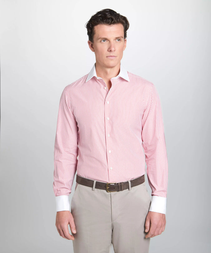 Red & White Tailored Fit French Cuff Poplin Stripe Dress Shirt