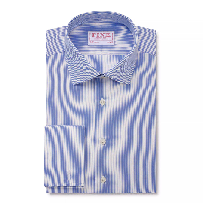 Blue & White Slim Fit French Cuff Panama Thin Stripe Dress Shirt