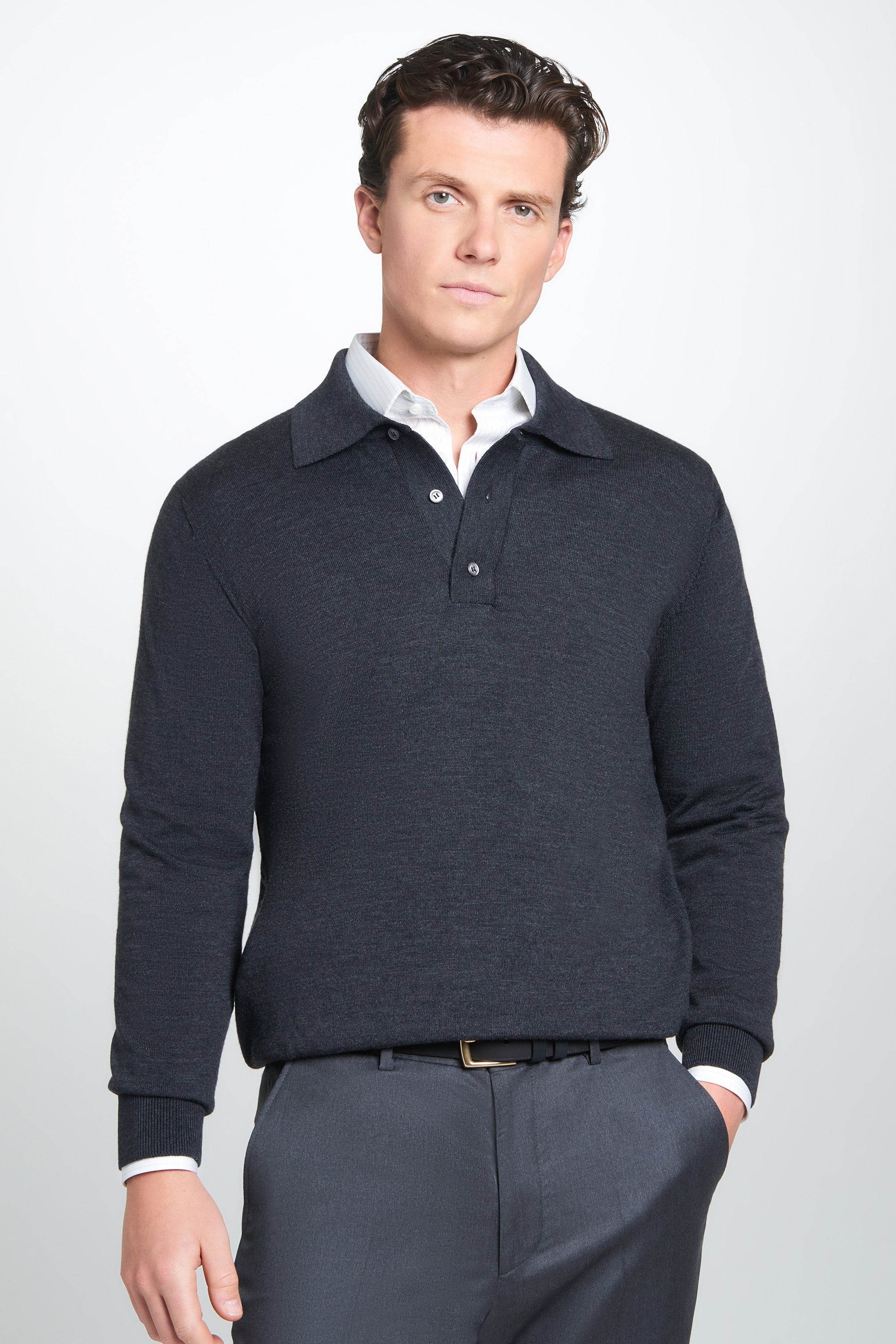 Grey Merino Wool Long Sleeve Polo Shirt – Thomas Pink