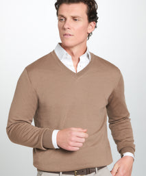Camel Merino Wool V-Neck Sweater