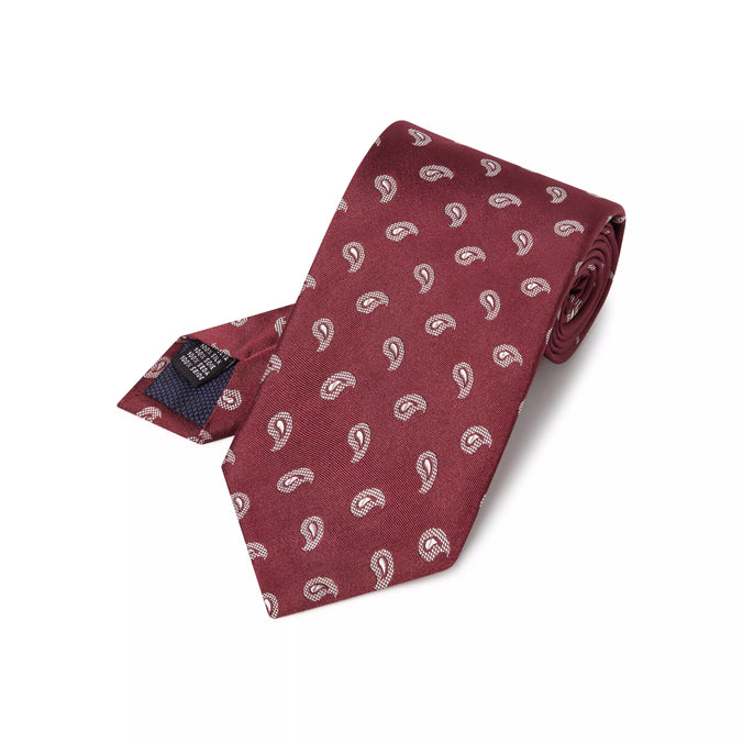 Burgundy Red & White Paisley Motif Silk Woven Tie