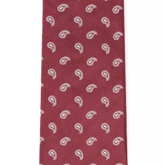 Burgundy Red & White Paisley Motif Silk Woven Tie