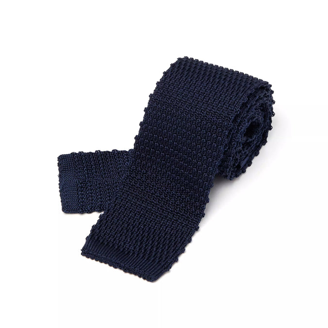 Navy Plain Knitted Silk Tie Square Tip