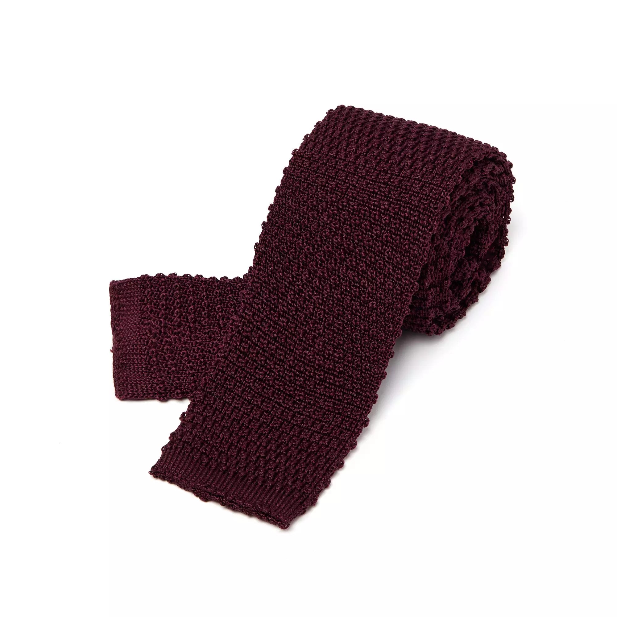 Burgundy Plain Knitted Silk Tie Square Tip