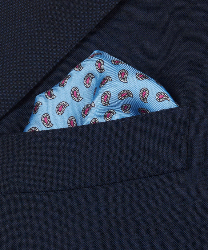 Blue & Pink Small Paisley Motif Silk Printed Pocket Square
