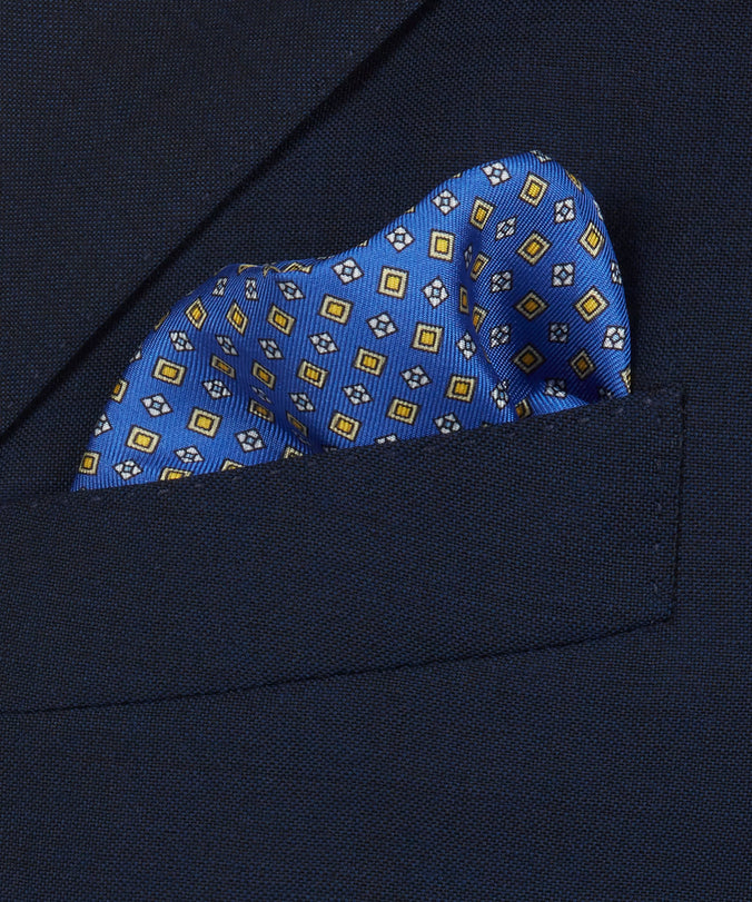 Blue & Yellow Small Biscuit Motif Silk Printed Pocket Square