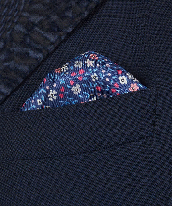 Blue & Pink Small Floral Silk Printed Pocket Square