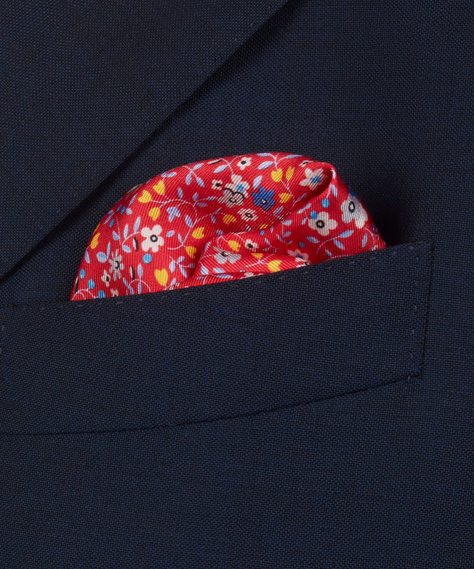 Red & Blue Small Floral Silk Printed Pocket Square