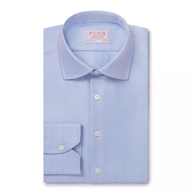 Pale Blue Slim Fit Twill Herringbone Dress Shirt