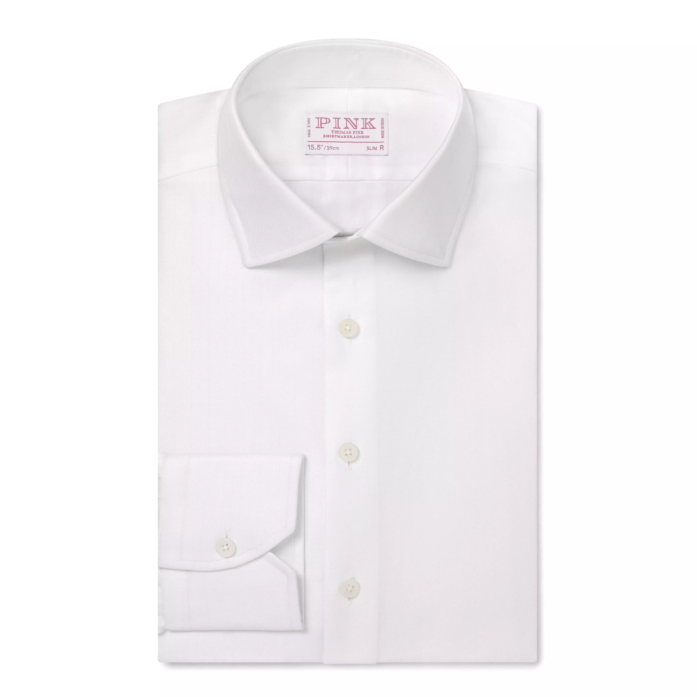 White Slim Fit Twill Herringbone Dress Shirt