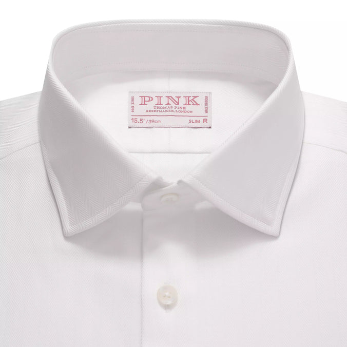 White Slim Fit Twill Herringbone Dress Shirt