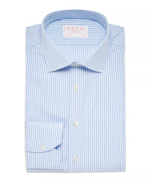 Pale Blue & White Slim Fit Core Poplin Bengal Stripe Dress Shirt