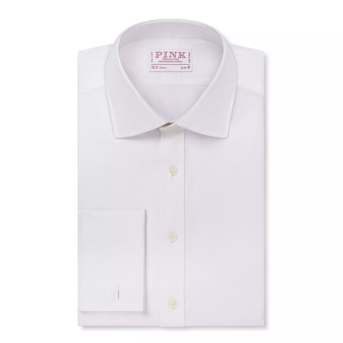 White Slim Fit French Cuff Twill Herringbone Dress Shirt