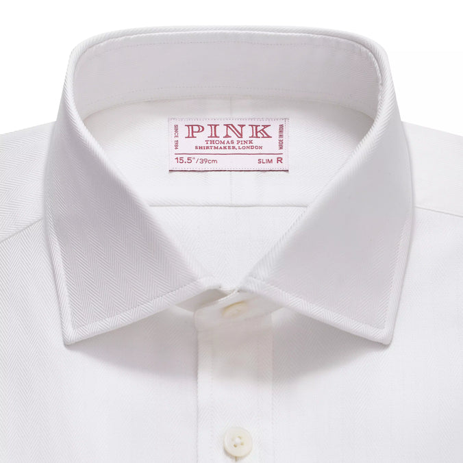 White Slim Fit French Cuff Twill Herringbone Dress Shirt