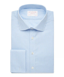 Pale Blue & White Slim Fit French Cuff Core Poplin Gingham Dress Shirt