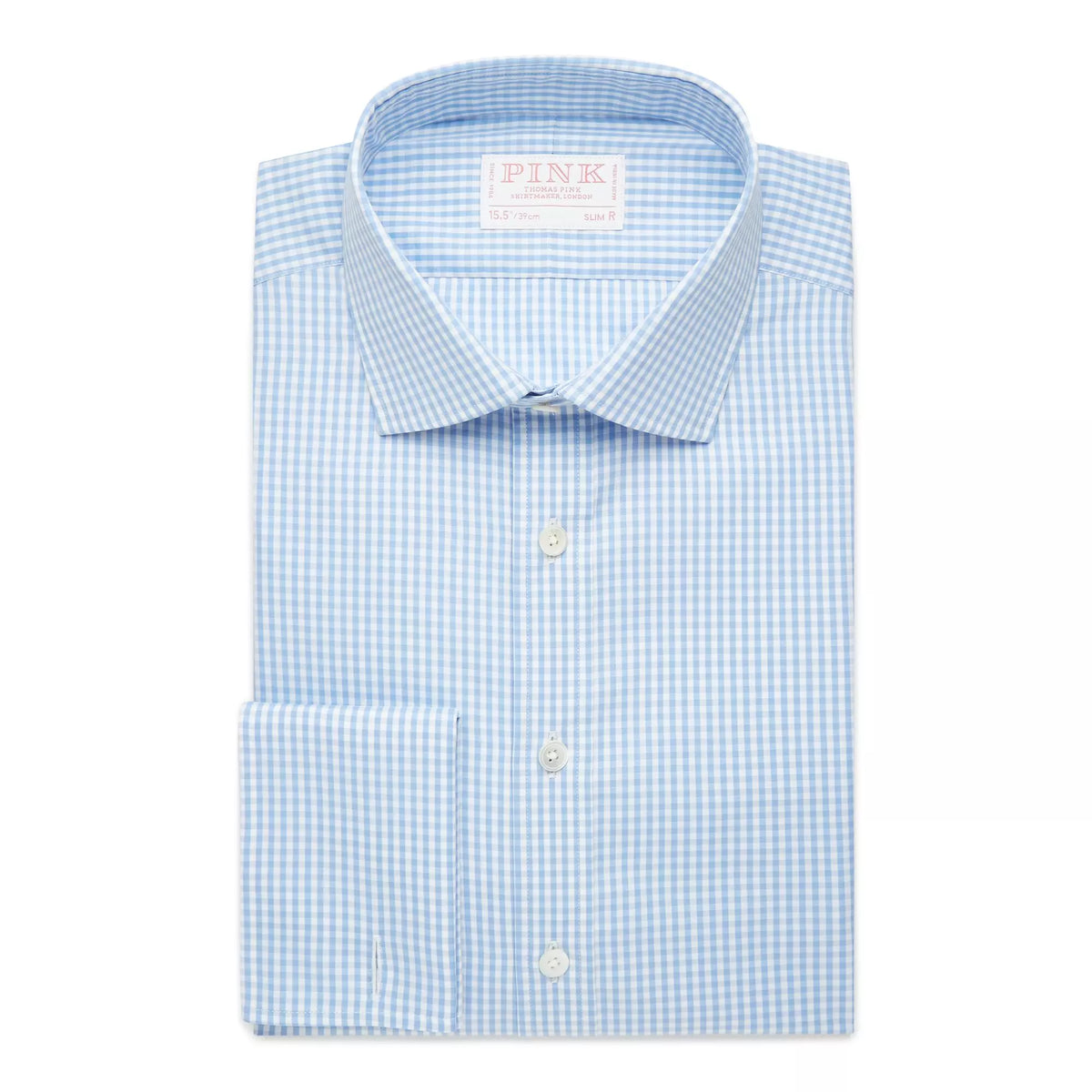 Pale Blue & White Slim Fit French Cuff Core Poplin Gingham Dress Shirt