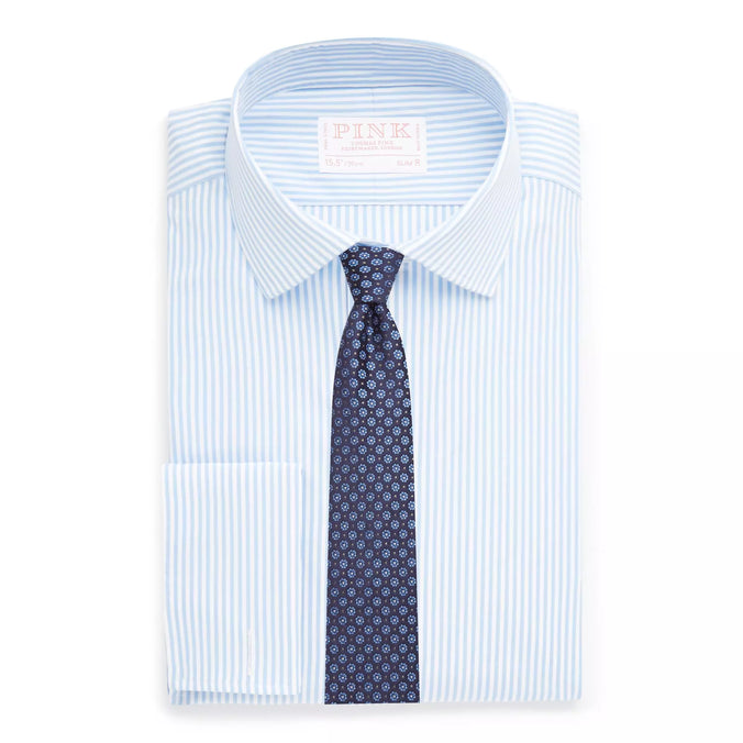 Pale Blue & White Slim Fit French Cuff Core Poplin Bengal Stripe Dress Shirt