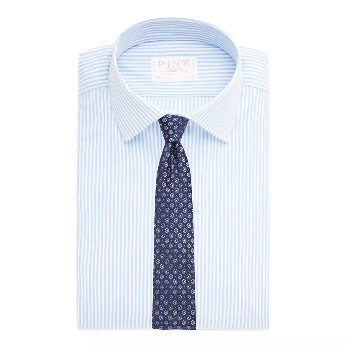 Pale Blue & White Slim Fit French Cuff Core Poplin Bengal Stripe Dress Shirt