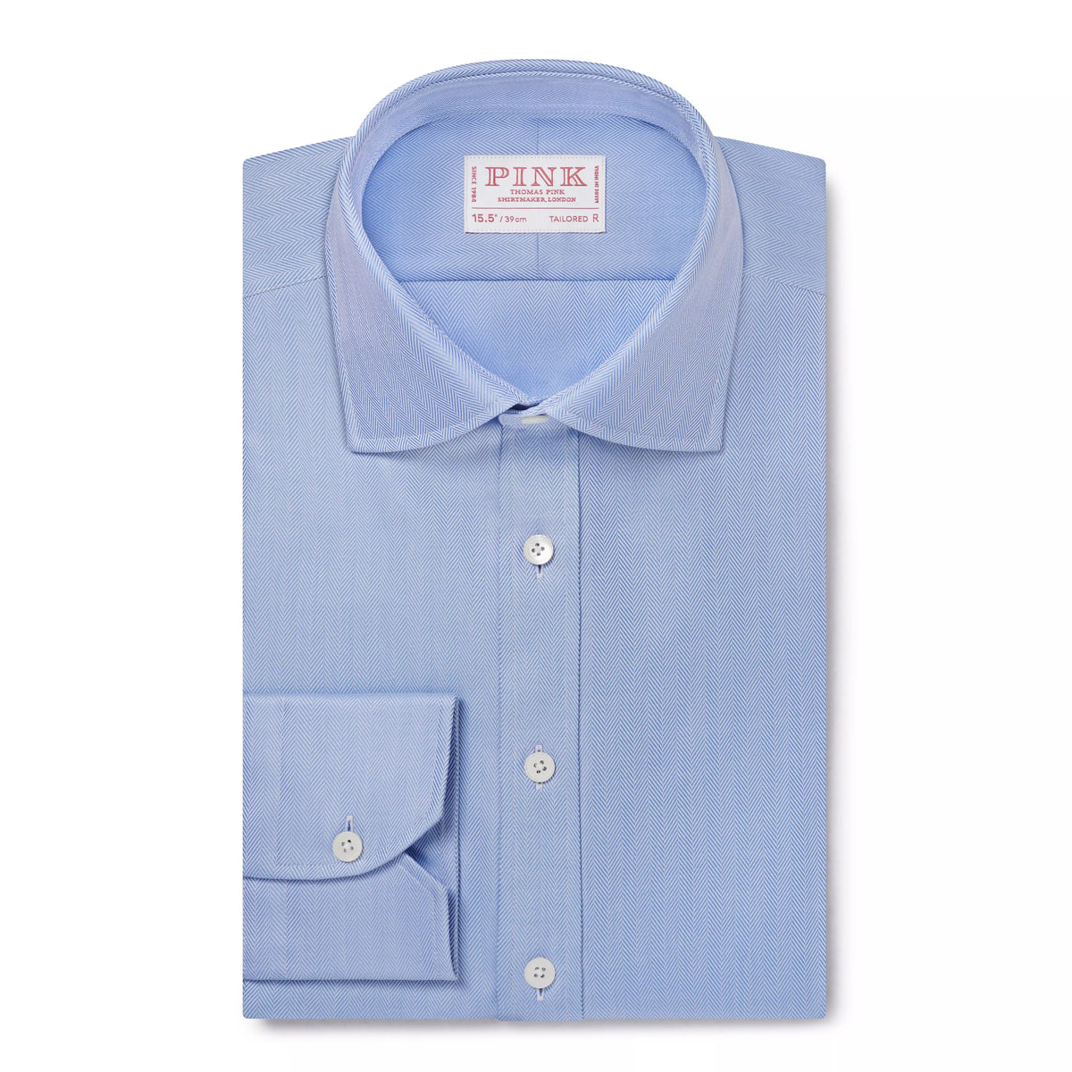 Pale Blue Tailored Fit Twill Herringbone Dress Shirt