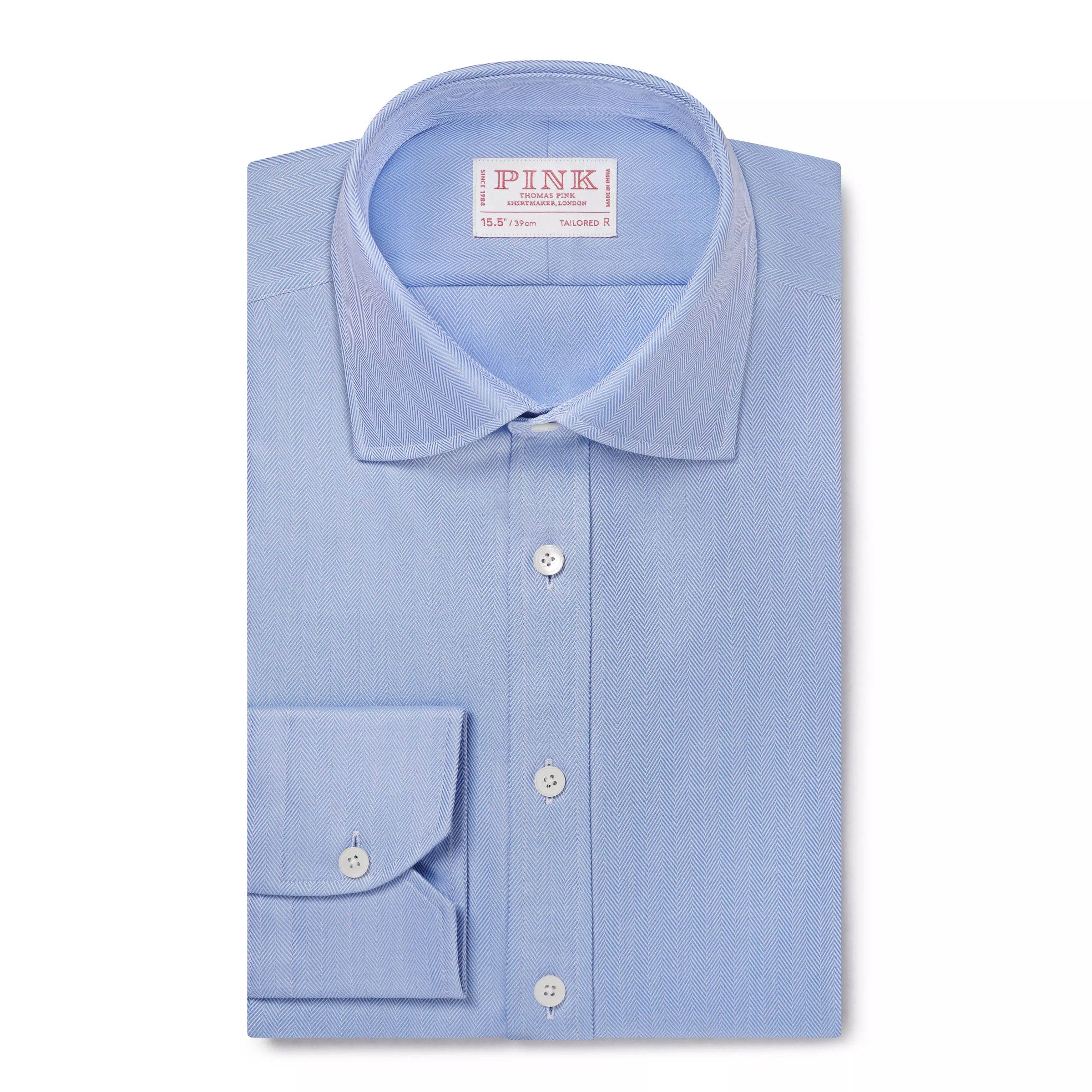 Pale Blue Tailored Fit Twill Herringbone Dress Shirt