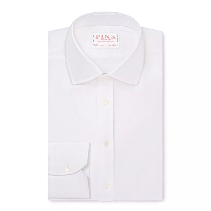 White Tailored Fit Twill Herringbone Dress Shirt