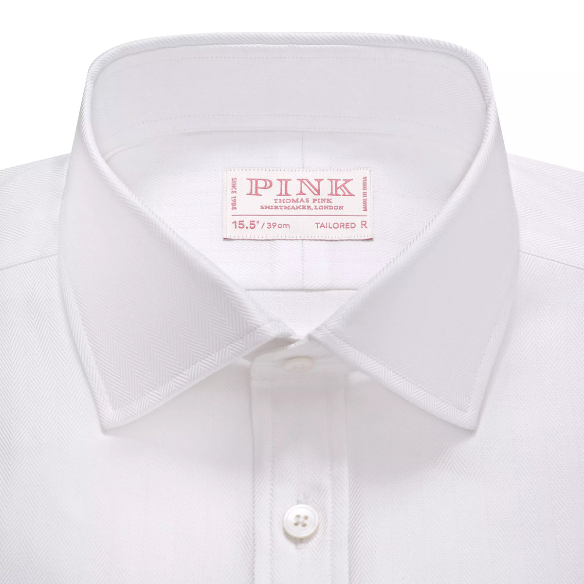 White Tailored Fit Twill Herringbone Dress Shirt