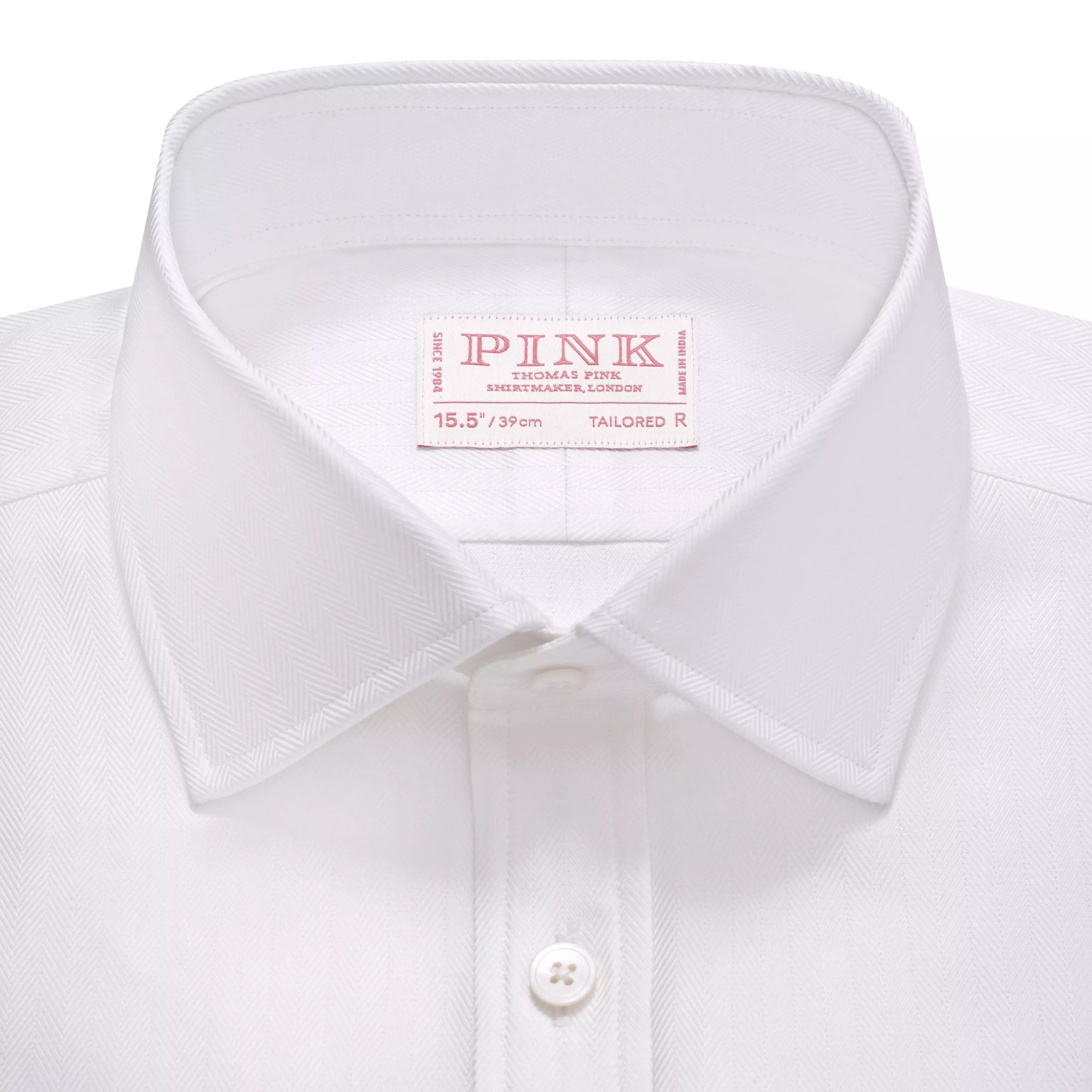 White Tailored Fit Twill Herringbone Dress Shirt