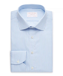 Pale Blue & White Tailored Fit Poplin Bengal Stripe Dress Shirt