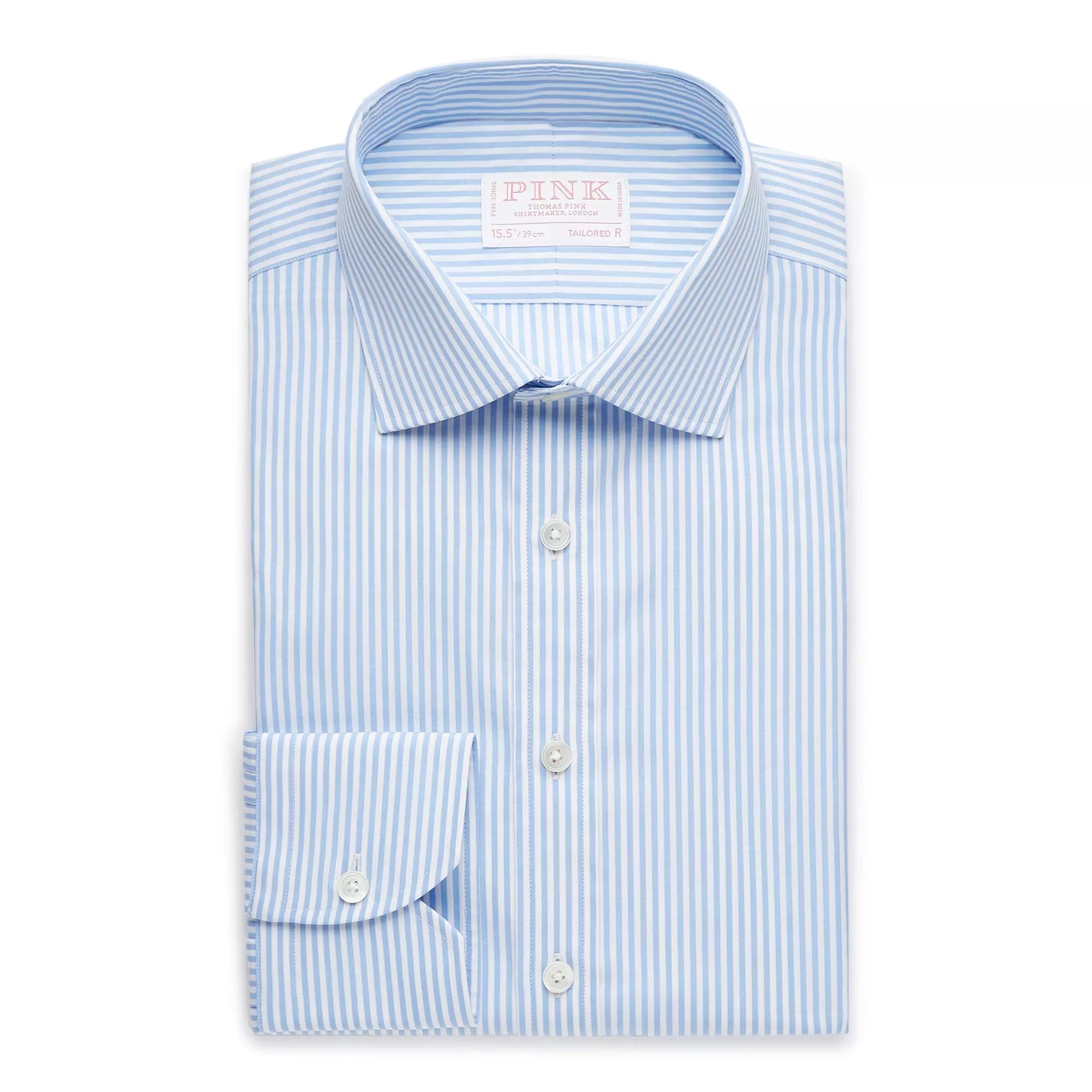 Pale Blue & White Tailored Fit Poplin Bengal Stripe Dress Shirt