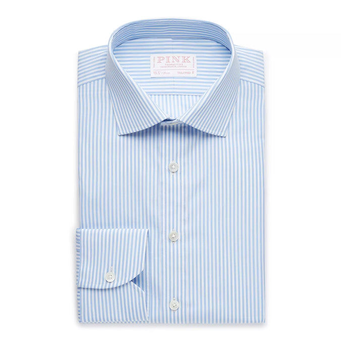 Pale Blue & White Tailored Fit Poplin Bengal Stripe Dress Shirt