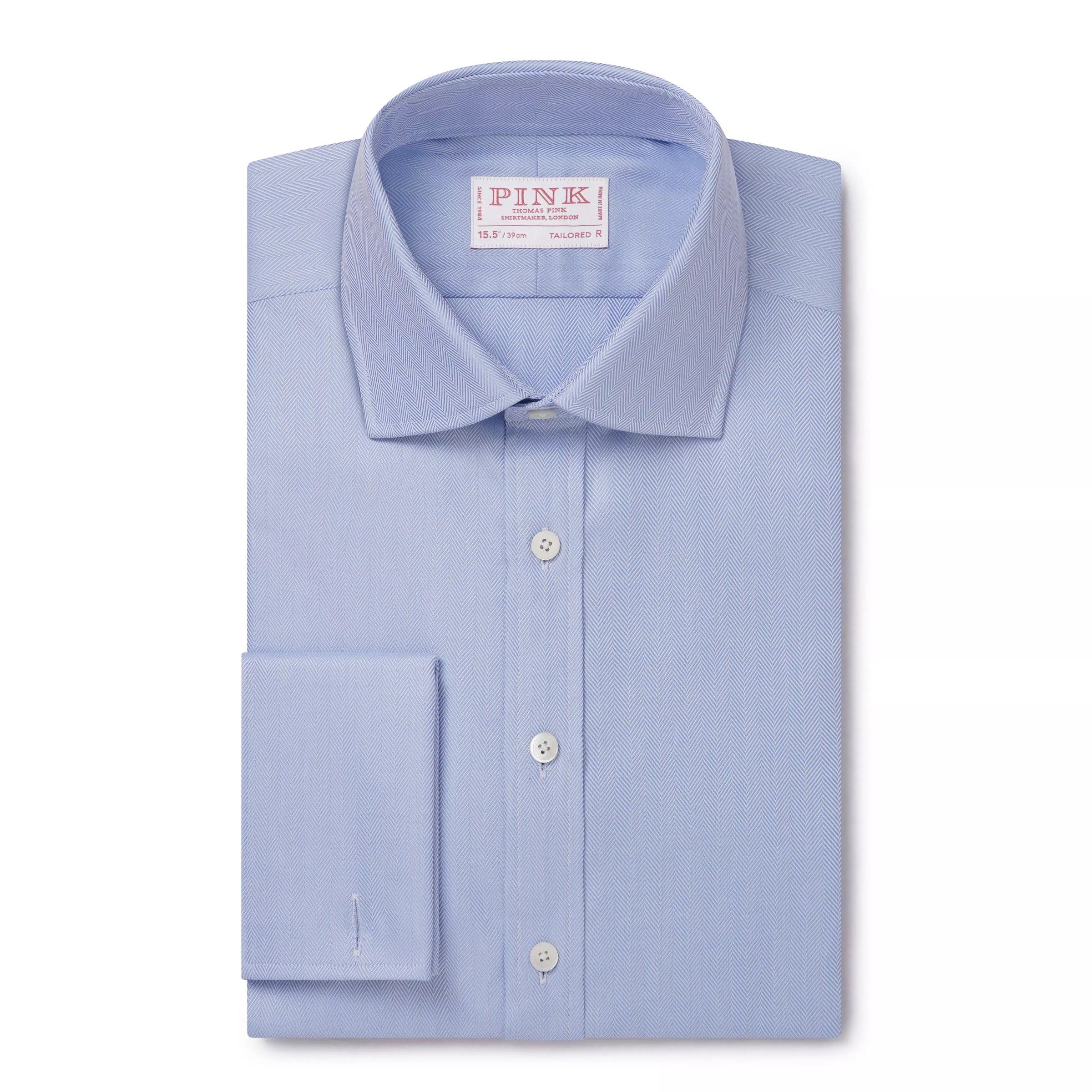 Pale Blue Tailored Fit French Cuff Twill Herringbone Dress Shirt