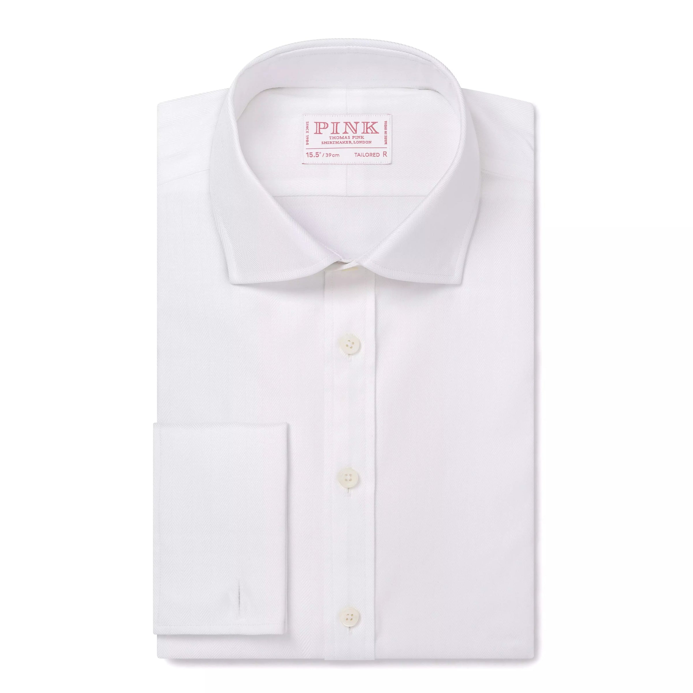 White Tailored Fit French Cuff Twill Herringbone Dress Shirt