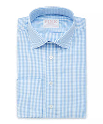 Pale Blue & White Tailored Fit French Cuff Core Poplin Gingham Dress Shirt