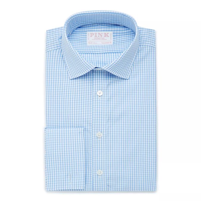 Pale Blue & White Tailored Fit French Cuff Core Poplin Gingham Dress Shirt