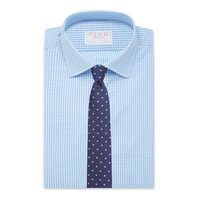 Pale Blue & White Tailored Fit French Cuff Core Poplin Gingham Dress Shirt