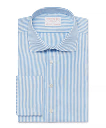 Pale Blue & White Tailored Fit French Cuff Poplin Bengal Stripe Dress Shirt