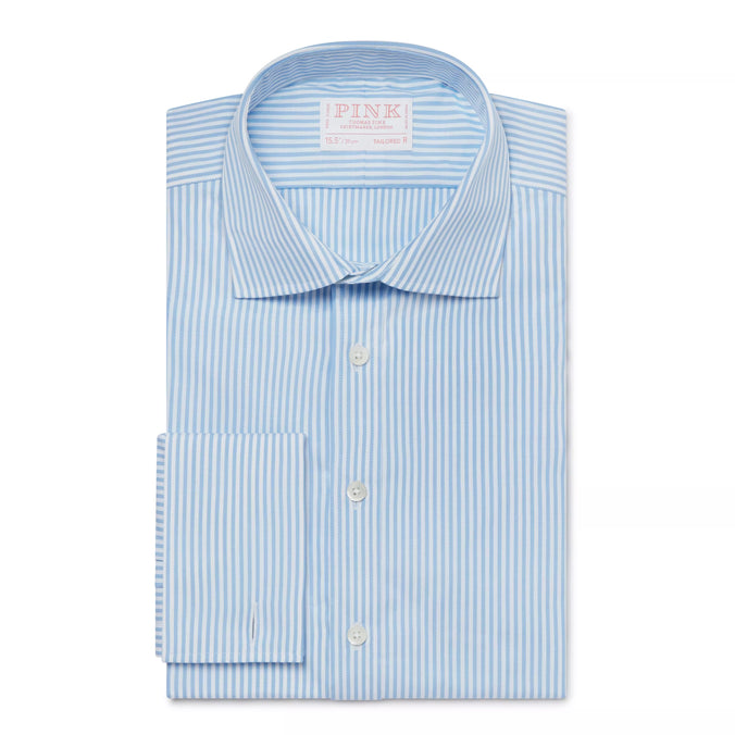 Pale Blue & White Tailored Fit French Cuff Poplin Bengal Stripe Dress Shirt