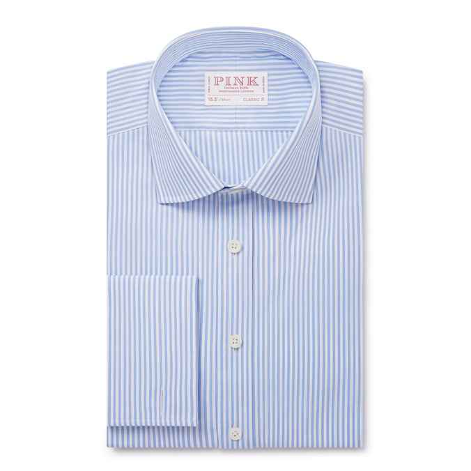 Pale Blue & White Classic Fit Double Cuff Essential Bengal Stripe Formal Shirt