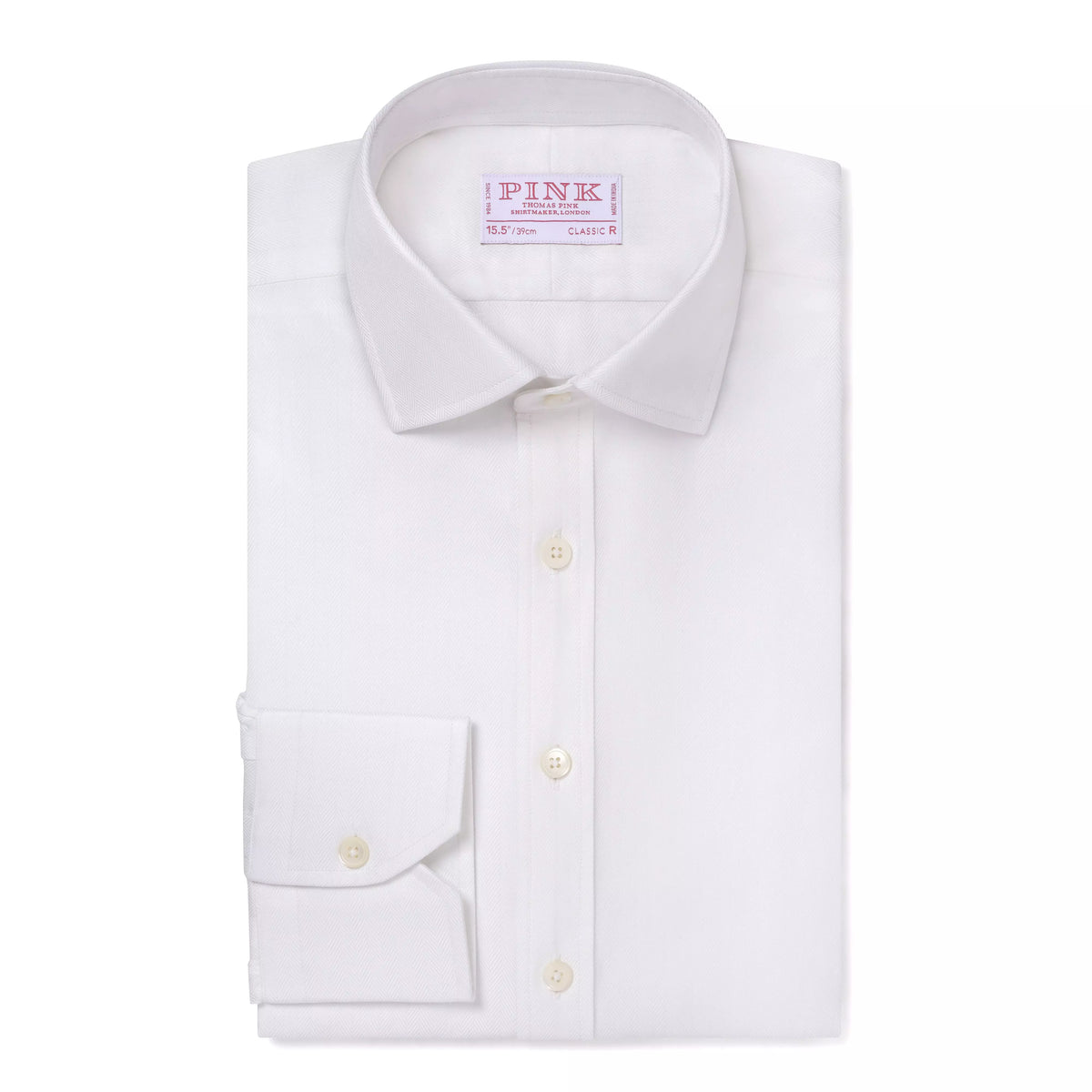 White Classic Fit Twill Herringbone Dress Shirt