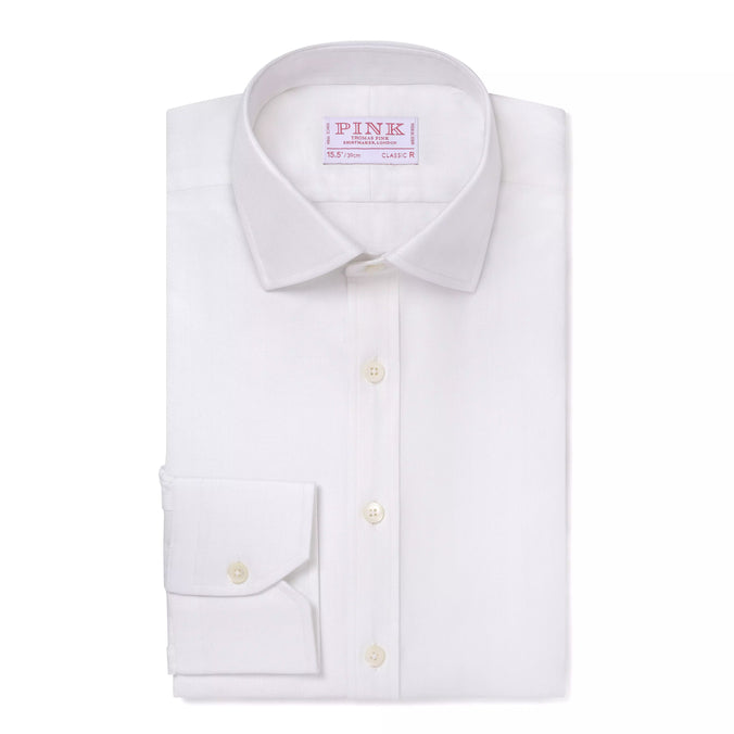 White Classic Fit Twill Herringbone Dress Shirt