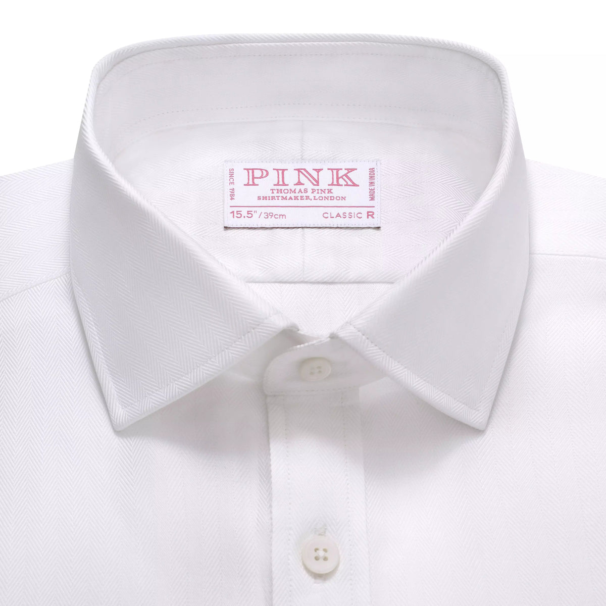 White Classic Fit Twill Herringbone Dress Shirt