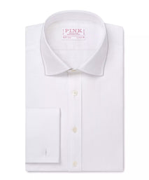 White Classic Fit French Cuff Twill Herringbone Dress Shirt