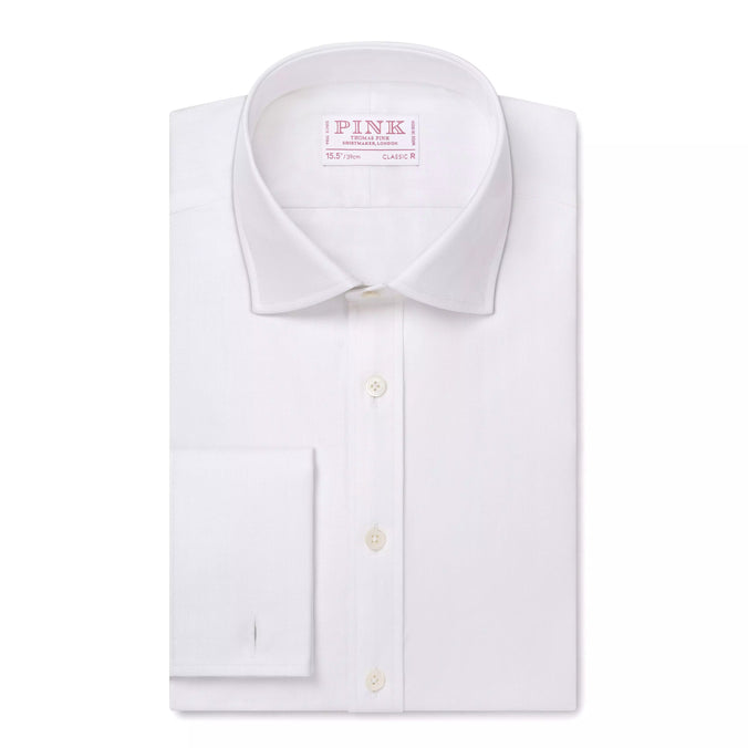 White Classic Fit French Cuff Twill Herringbone Dress Shirt