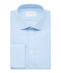 Pale Blue & White Classic Fit French Cuff Core Poplin Gingham Dress Shirt